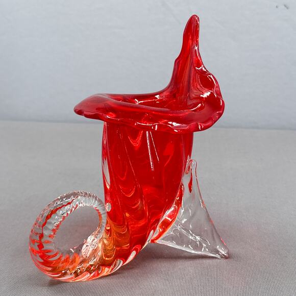 Set of 2 VTG Murano Sommerso Jack in Pulpit Cornucopia Red Clear Vase Japan 8" - Picture 10 of 16
